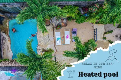 a view of a treated pool at a resort with palm trees at Poshtel Arenal in Fortuna