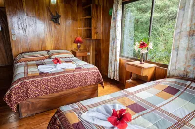 a bedroom with two beds and a window at Cabinas Capulin & Farm in Monteverde Costa Rica