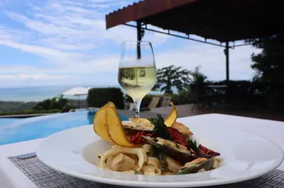 a plate of food and a glass of wine on a table at Vista Ballena in Uvita