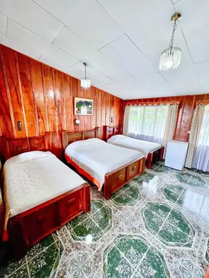 a room with three beds and a green floor at Hotel Don Taco in Monteverde Costa Rica