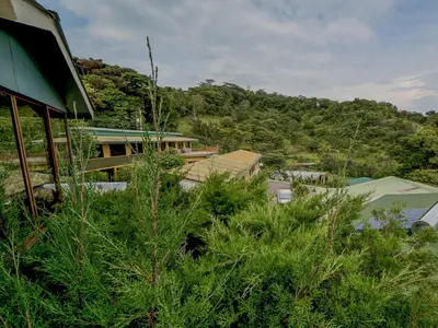 a view of a building with a mountain in the background at Hotel Don Taco in Monteverde Costa Rica