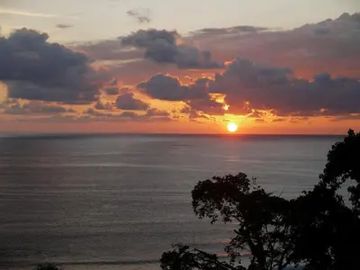 a sunset over the ocean with a tree in the foreground at Ranchos Remo Lodge in Uvita