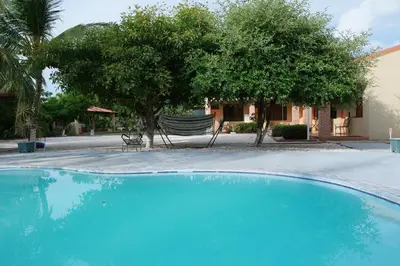 a blue swimming pool with a chair and trees at Hotel La Arena in Liberia