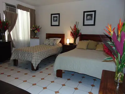 a bedroom with two beds and a vase of flowers at Casa Lima B&B in San José
