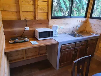 a kitchen with a counter with a microwave and a sink at Into the Greens in Madre de Dios