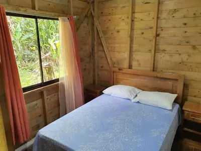 a bedroom with a bed in a wooden room with a window at Into the Greens in Madre de Dios