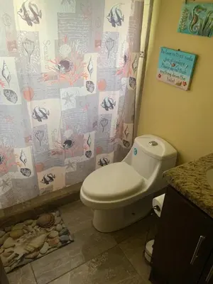 a bathroom with a toilet and a shower curtain at Casa vacacional Tamarindo beach in Guatemala