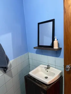 a bathroom with a sink and a mirror at El mochilero in Cartago