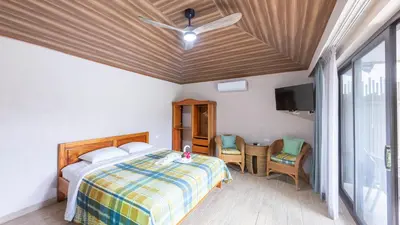 a bedroom with a bed and a ceiling fan at Hotel Lavas Tacotal in Fortuna