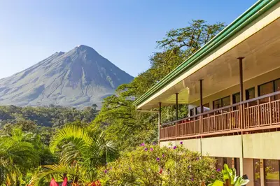 a building with a view of a mountain at Hotel Lavas Tacotal in Fortuna