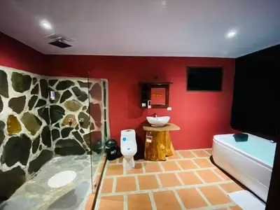 a bathroom with a shower and a toilet and a sink at Sunset Vista Lodge,Monteverde,Costa Rica. in Monteverde Costa Rica