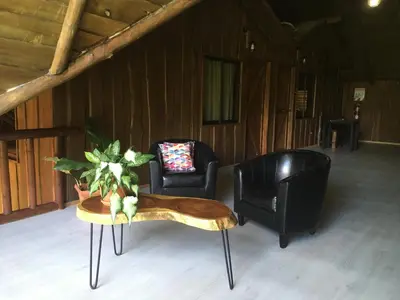 a living room with two chairs and a table with a plant at Hotel Samsara in Uvita