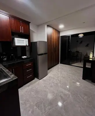 a kitchen with stainless steel appliances and wooden cabinets at Mevak Apartments Suites in Fortuna