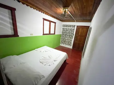 a bed in a room with a green wall at Hotel La Cascada in Puntarenas