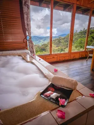 a room with a massage bed with a view at Paraíso Quetzal Lodge in Tres de Junio