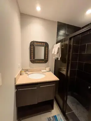 a bathroom with a sink and a mirror at Amaluc zac in Jacó