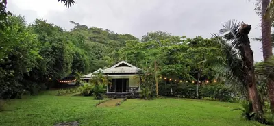 a house in the middle of a green yard at Armadillo Bungalows, walk to the Beach - Santa Teresa in Santa Teresa Beach