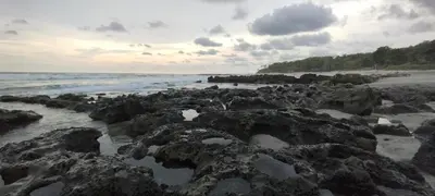 a group of rocks on the shore of a beach at Armadillo Bungalows, walk to the Beach - Santa Teresa in Santa Teresa Beach