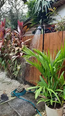 a garden with a hose watering plants and a fence at Ginger Studio in Santa Teresa Beach