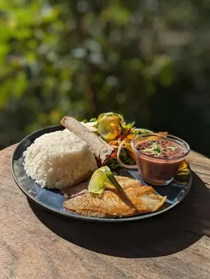 a plate of food with rice and a bowl of sauce at El Nido Lodge in Monteverde Costa Rica