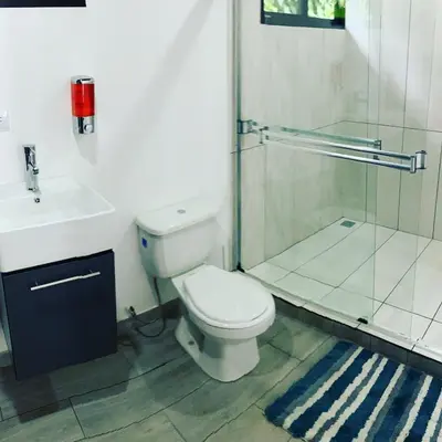a bathroom with a toilet and a sink and a shower at Bongalow Villa Sarchi in Sarchí
