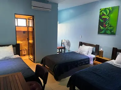 two beds in a room with blue walls at Hotel la Cueva Limon in Puerto Limón