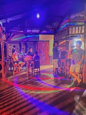 a group of people dancing in a room with colored lights at Kinkajoungalows - Amaya Family, Drake Bay, Osa Peninsula in San Pedrillo