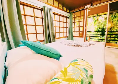 two beds in a room with windows at Kinkajoungalows - Amaya Family, Drake Bay, Osa Peninsula in San Pedrillo