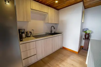 a kitchen with wooden cabinets and a sink at Flower’s Paradise Monteverde in Monteverde Costa Rica