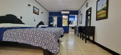 a bedroom with a bed and a cat sitting on a table at Mangaby Playa Hermosa in Playa Hermosa
