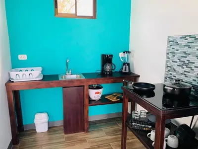 a kitchen with a wooden counter with a sink at Hotel Sirius Costa Rica in San Mateo