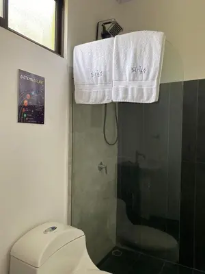 a bathroom with a toilet and a shower with a towel at Hotel Sirius Costa Rica in San Mateo