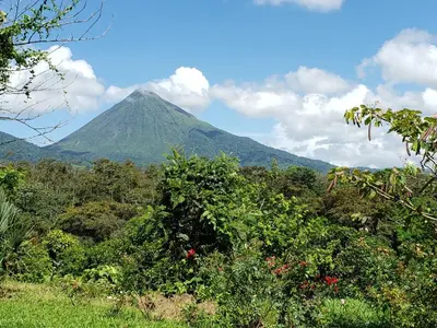 a mountain in the distance with trees in the foreground at Casa de Campo Heliconia in Fortuna