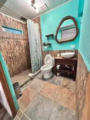 a bathroom with a toilet and a sink and a mirror at Boutique Rooms River Front at La Junta in Dominical