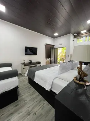 a bedroom with a bed and a table with a lamp at Hotel Boutique Casa Del Rio in Fortuna
