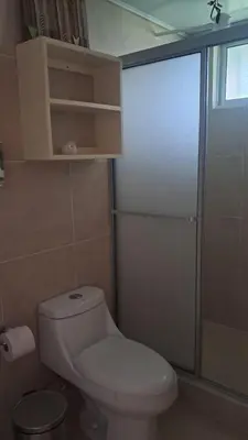 a small bathroom with a toilet and a shower at Apartamento La Fortuna #2 in Fortuna