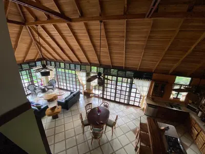 an overhead view of a kitchen and living room with windows at Tropical Balinese Villa Atenas in Escobal