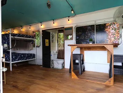 an inside view of a camper with a toilet at Dreamcatcher House Bus Experience 2 in Sarchí