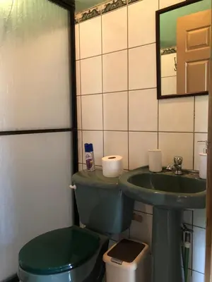 a bathroom with a green toilet and a sink at Casita el jardin in Bijagua