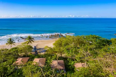 a view of a beach with trees and the ocean at Luxury Beachfront Villa with private pool at Nantipa in Santa Teresa Beach