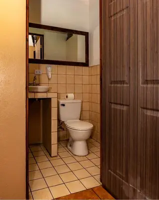 a bathroom with a toilet and a sink and a mirror at Melrost Airport Bed & Breakfast in Alajuela City