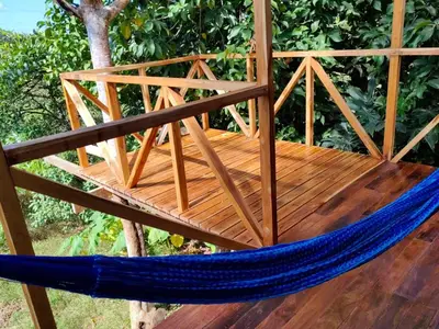 a hammock in a tree with a blue rope at Onca Tours & Treehouses in San Rafael