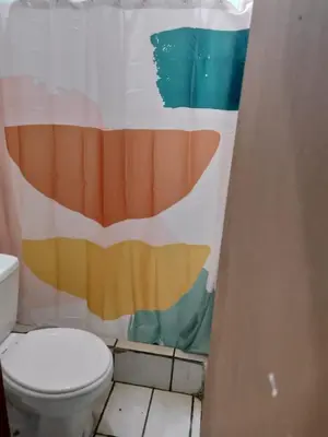 a bathroom with a toilet with a colorful shower curtain at Departamentos Patricia in Alajuela City