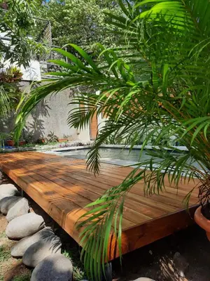 a wooden bench in a garden with trees and rocks at El Hábita CASA SELVA in Santa Teresa Beach