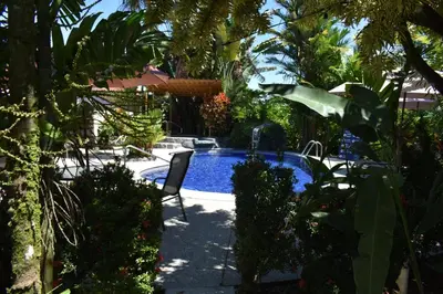 a swimming pool in a garden with chairs and trees at Hotel Roca Negra Del Arenal in Fortuna