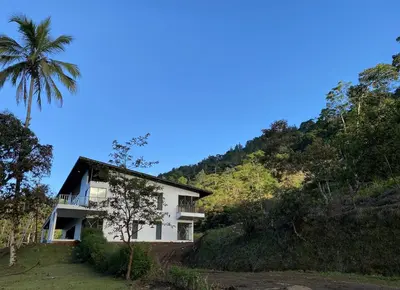 a white house on a hill with a palm tree at Arte de Plumas birding lodge in Cartago