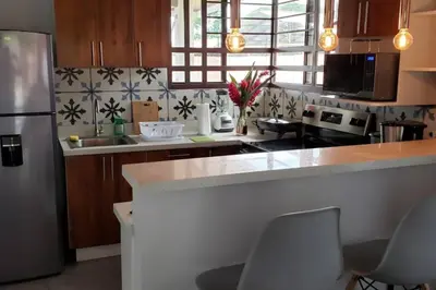 a kitchen with a refrigerator and a counter with chairs at Villa Tropical La Fortuna in Fortuna