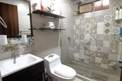 a bathroom with a sink and a toilet and a shower at Villa Tropical La Fortuna in Fortuna