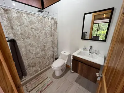 a bathroom with a toilet and a sink and a shower at Pacheco Tours Rainforest Cabins 4x4 Only in Drake