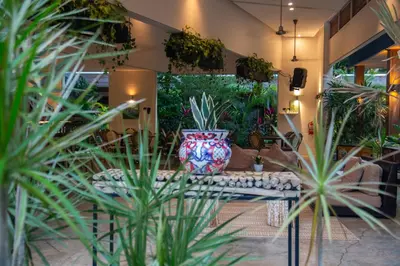 a lobby with plants and a large vase at The White Palms of Nosara in Nosara
